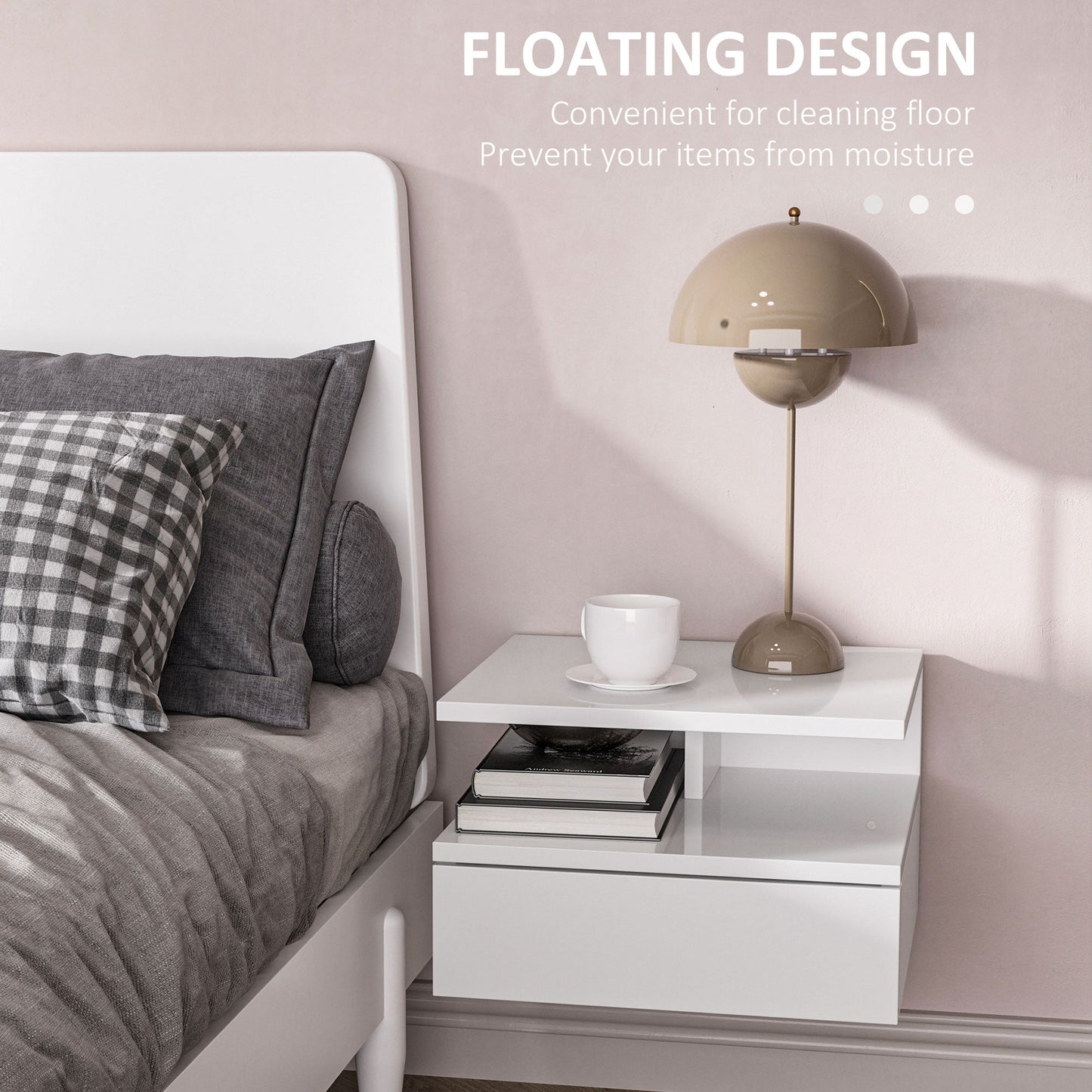 Set of Two Floating High Gloss Bedside Tables - White-3