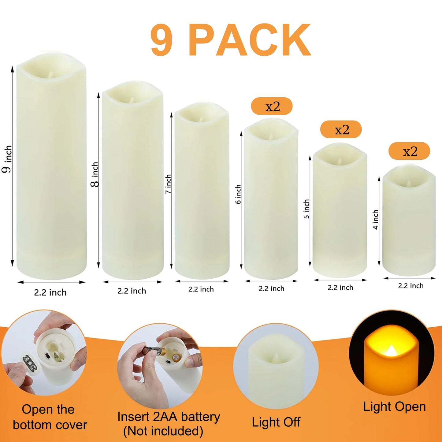 Flameless Pillar Candles with Remote,9 Pack Outdoor Large LED Fake Candles Battery Operated Electric Votive Flicker Lights,Ivory