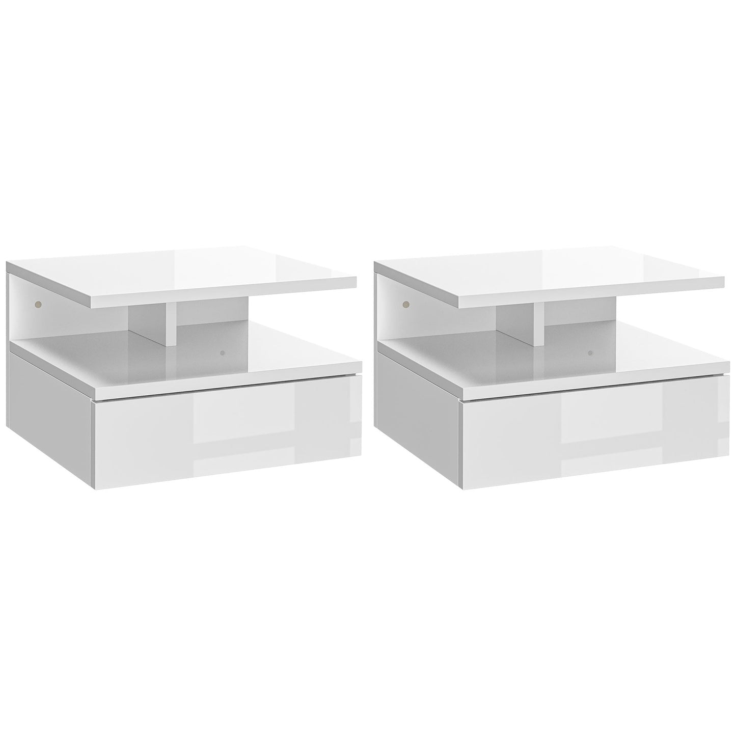 Set of Two Floating High Gloss Bedside Tables - White-0